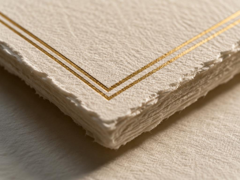 Dettaglio ravvicinato della carta avorio con doppio filetto in oro