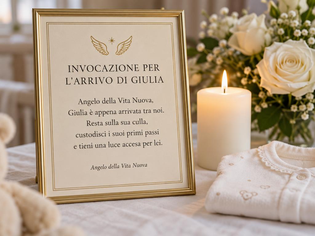 Pergamena incorniciata per l’arrivo di Giulia, con due ali dorate stilizzate e il testo “Angelo della Vita Nuova, Giulia è appena arrivata”, posata accanto a fiori bianchi