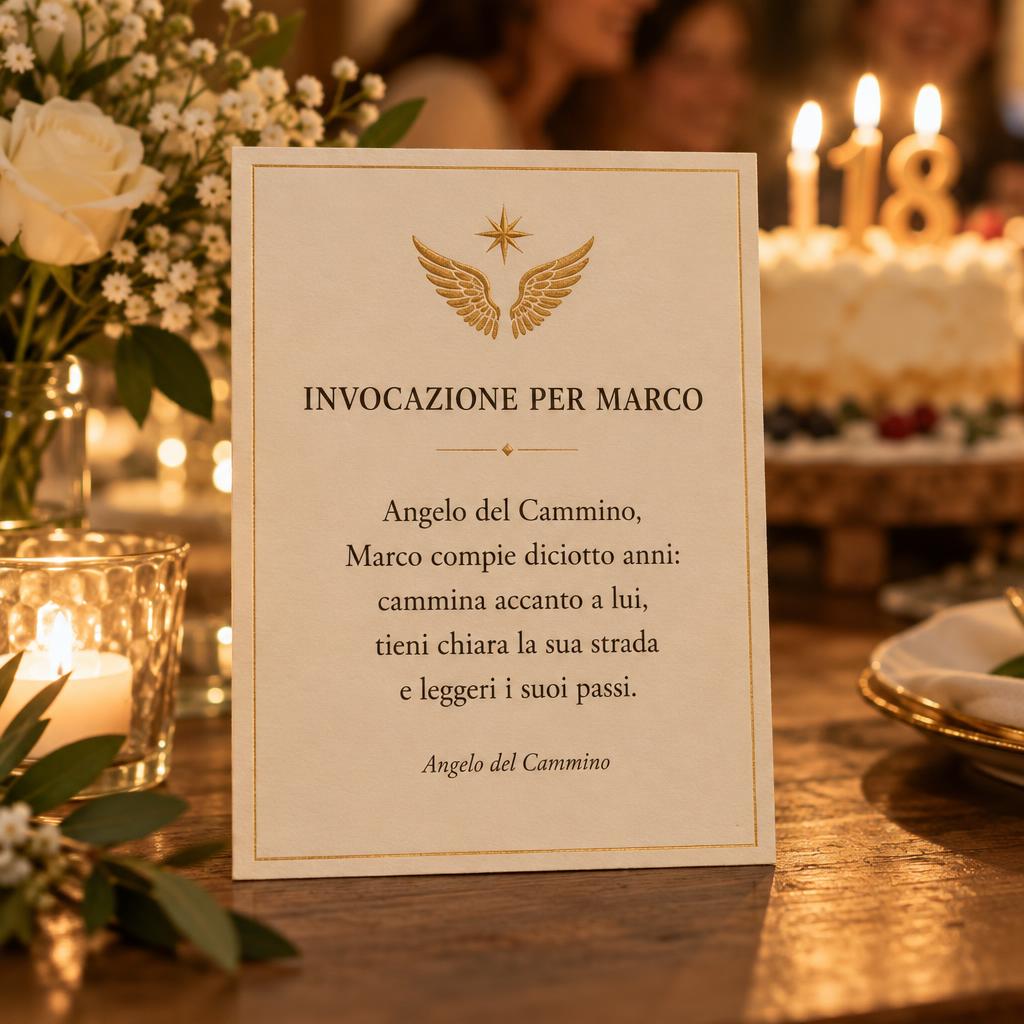 Pergamena color crema con cornice dorata e due ali con stella, titolo “Invocazione per Marco”, posata sul tavolo di festa accanto a una torta con le candeline