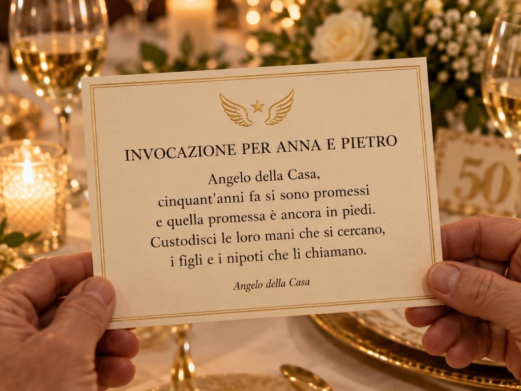 Pergamena tenuta in mano davanti alla tavola di festa, con il titolo “Invocazione per Anna e Pietro”, due ali dorate e il testo per i cinquant’anni insieme