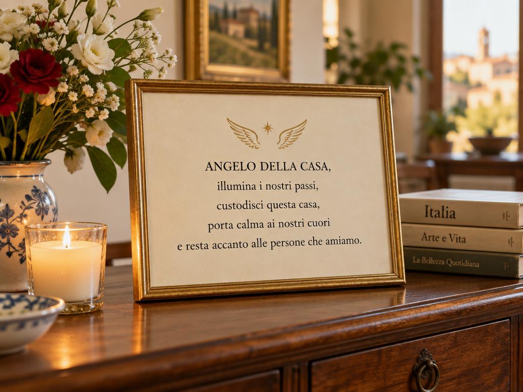 La stessa invocazione incorniciata in casa, accanto a una candela e a una piuma dorata